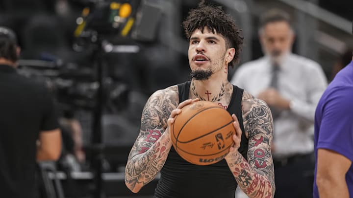 Nov 23, 2025; Atlanta, Georgia, USA; Charlotte Hornets guard LaMelo Ball (1) warms up on the court prior to the game against the Atlanta Hawks at State Farm Arena. Mandatory Credit: Dale Zanine-Imagn Images