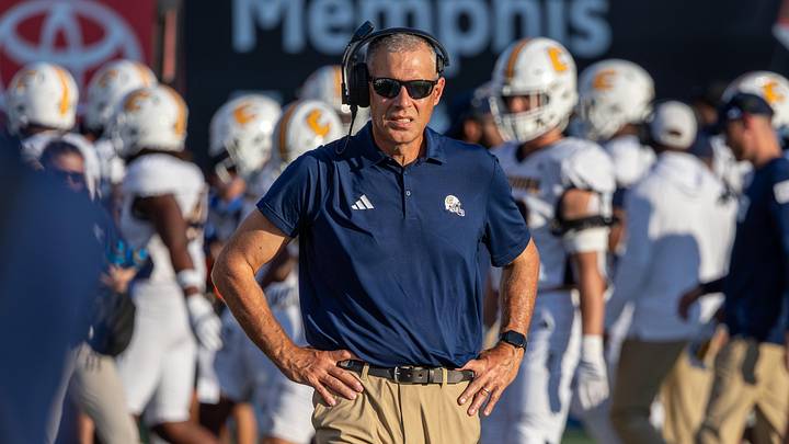 Aug 30, 2025; Memphis, Tennessee, USA; Chattanooga Mocs Head Coach Rusty Wright looks on during the second half against the Memphis Tigers Simmons Bank Liberty Stadium. Mandatory Credit: Wesley Hale-Imagn Images