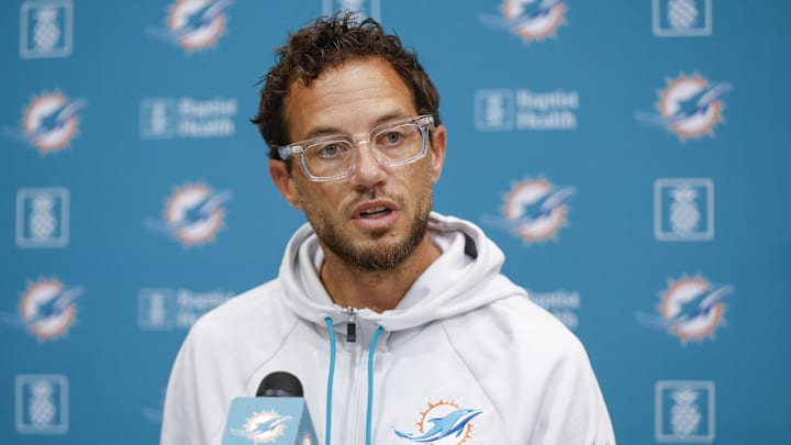 Miami Dolphins head coach Mike McDaniel speaks before joint training camp practice with the Chicago Bears ahead of Sunday's preseason opener. 