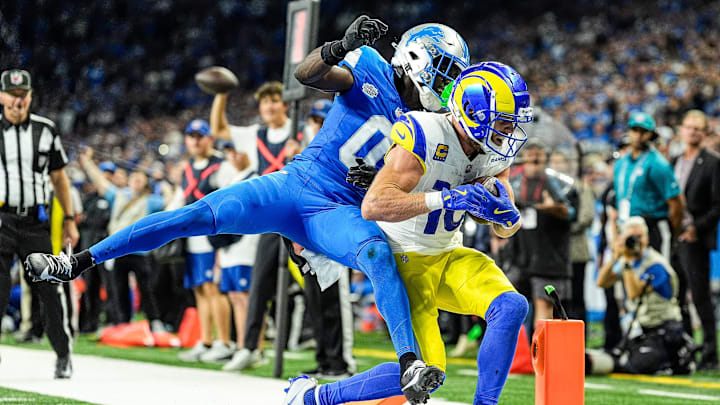 Los Angeles Rams wide receiver Cooper Kupp (10) scores a touchdown against Detroit Lions cornerback Terrion Arnold (0) during the second half at Ford Field in Detroit on Sunday, September 8, 2024.
