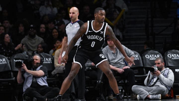 Nov 25, 2023; Brooklyn, New York, USA; Brooklyn Nets forward Dariq Whitehead (0) during his NBA debut in the fourth quarter against the Miami Heat at Barclays Center. Mandatory Credit: John Jones-Imagn Images