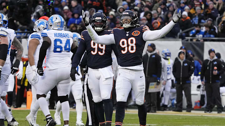 Jan 4, 2026; Chicago, Illinois, USA; Chicago Bears defensive end Montez Sweat (98) celebrates after a sack against the Detroit Lions during the first half at Soldier Field. Mandatory Credit: David Banks-Imagn Images