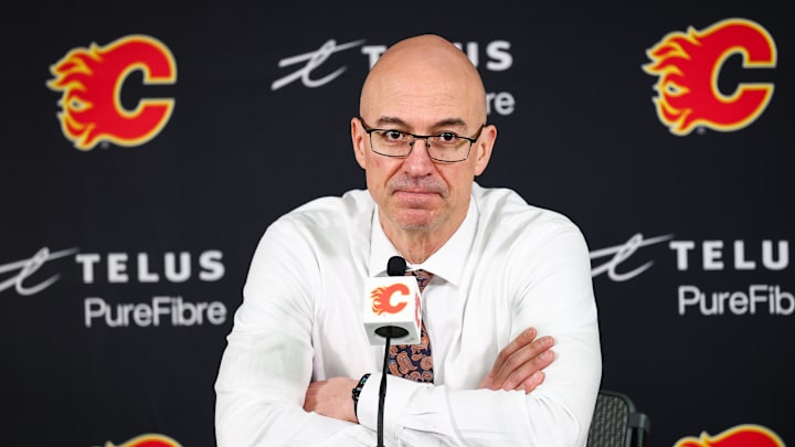 Jan 21, 2026; Calgary, Alberta, CAN; Calgary Flames head coach Ryan Huska during interview after the game between the Calgary Flames and the Pittsburgh Penguins at Scotiabank Saddledome. Mandatory Credit: Sergei Belski-Imagn Images