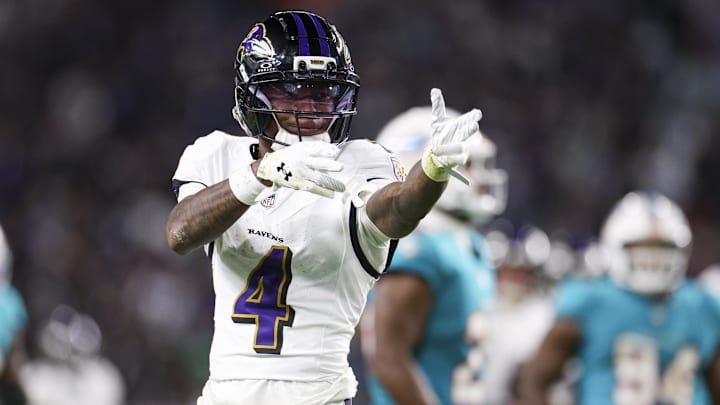 Oct 30, 2025; Miami Gardens, Florida, USA; Baltimore Ravens wide receiver Zay Flowers (4) reacts after a play against the Miami Dolphins in the third quarter at Hard Rock Stadium. Mandatory Credit: Nathan Ray Seebeck-Imagn Images