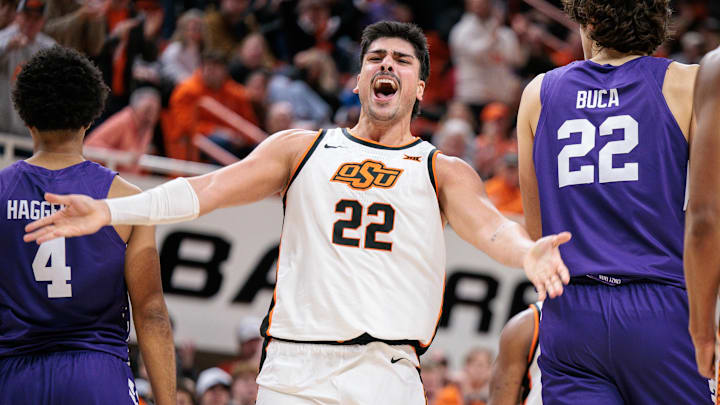Jan 17, 2026; Stillwater, Oklahoma, USA; Parsa Fallah (22) of the Oklahoma State Cowboys reacts after a play during the second half against the Kansas State Wildcats at Gallagher-Iba Arena. Mandatory Credit: William Purnell-Imagn Images