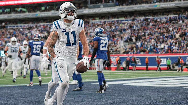 Dec 29, 2024; East Rutherford, New Jersey, USA; Indianapolis Colts wide receiver Michael Pittman Jr. (11) celebrates his touchdown during the second half against the New York Giants at MetLife Stadium. Mandatory Credit: Vincent Carchietta-Imagn Images Dec 29, 2024; East Rutherford, New Jersey, USA; Indianapolis Colts wide receiver Michael Pittman Jr. (11) celebrates his touchdown during the second half against the New York Giants at MetLife Stadium. Mandatory Credit: Vincent Carchietta-Imagn Images