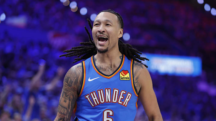 Apr 19, 2026; Oklahoma City, Oklahoma, USA; Oklahoma City Thunder forward Jaylin Williams (6) reacts after scoring against the Phoenix Suns in the second half during game one of the first round of the 2026 NBA Playoffs at Paycom Center. Mandatory Credit: Alonzo Adams-Imagn Images