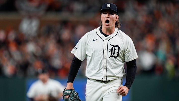 Detroit Tigers pitcher Tyler Holton (87) celebrates a strikeout against Cleveland Guardians during the sixth inning at Game 4 of ALDS at Comerica Park in Detroit on Thursday, Oct. 10, 2024.