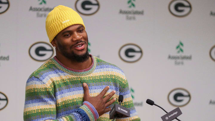 New Green Bay Packers player Micah Parsons speaks during an introductory press conference on Friday at Lambeau Field.
