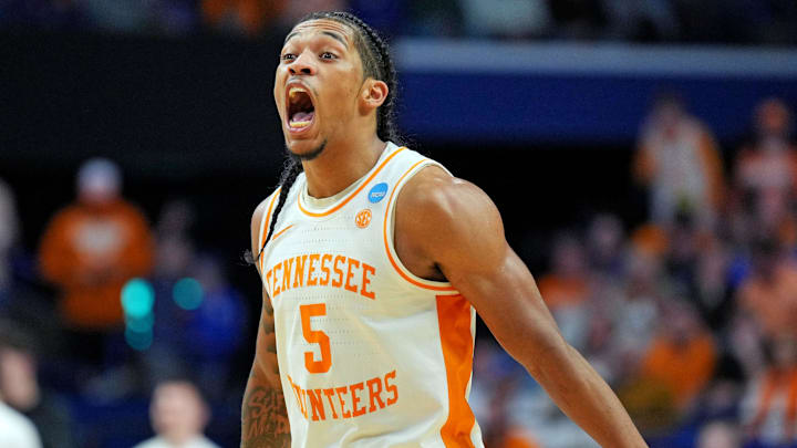 Mar 22, 2025; Lexington, KY, USA; Tennessee Volunteers guard Zakai Zeigler (5) reacts during the first half against the UCLA Bruins in the second round of the NCAA Tournament at Rupp Arena. Mandatory Credit: Aaron Doster-Imagn Images Mar 22, 2025; Lexington, KY, USA; Tennessee Volunteers guard Zakai Zeigler (5) reacts during the first half against the UCLA Bruins in the second round of the NCAA Tournament at Rupp Arena. Mandatory Credit: Aaron Doster-Imagn Images