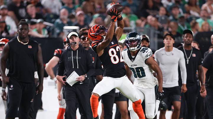 Aug 28, 2026; Philadelphia, Pennsylvania, USA; Cincinnati Bengals wide receiver Mitchell Tinsley (82) makes a catch in front of Philadelphia Eagles cornerback Shaun Wade (30) during the first quarter at Lincoln Financial Field. Mandatory Credit: Bill Streicher-Imagn Images Aug 28, 2026; Philadelphia, Pennsylvania, USA; Cincinnati Bengals wide receiver Mitchell Tinsley (82) makes a catch in front of Philadelphia Eagles cornerback Shaun Wade (30) during the first quarter at Lincoln Financial Field. Mandatory Credit: Bill Streicher-Imagn Images