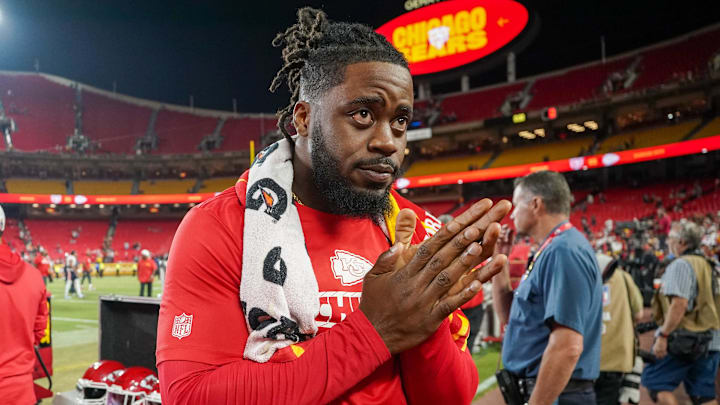 Aug 22, 2024; Kansas City, Missouri, USA; Kansas City Chiefs defensive end Mike Danna (51) leaves the field after the game against the Chicago Bears at GEHA Field at Arrowhead Stadium. Mandatory Credit: Denny Medley-Imagn Images