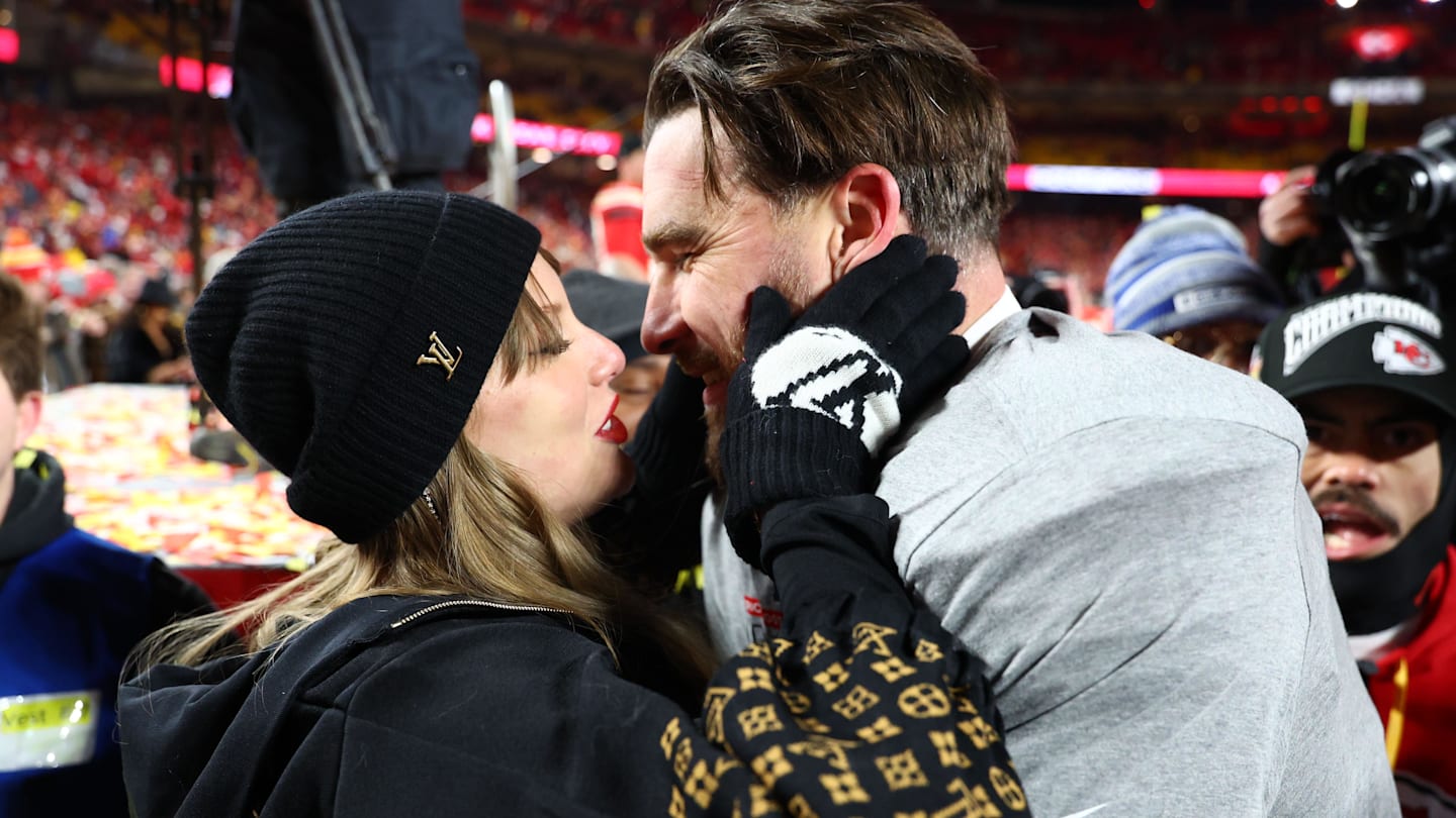 Travis Kelce Caught Kissing Phone On Video Chat With Taylor Swift at Super Bowl Party