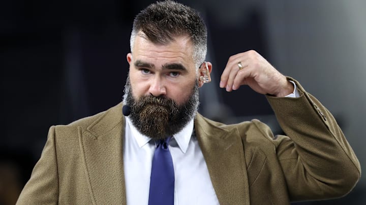 Nov 3, 2025; Arlington, Texas, USA; Jason Kelce looks on before the game between the Dallas Cowboys and the Arizona Cardinals at AT&T Stadium.