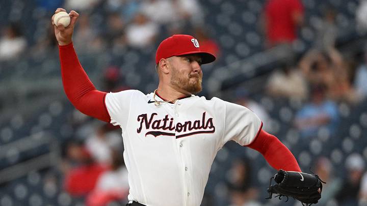 Jul 28, 2026; Washington, District of Columbia, USA; Washington Nationals pitcher Cade Cavalli (24) throws to the Toronto Blue Jays during the first inning at Nationals Park. Mandatory Credit: Brad Mills-Imagn Images