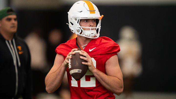 Tennessee quarterback Jake Merklinger (12) during UT's first spring football practice on Monday, March 18, 2024.
