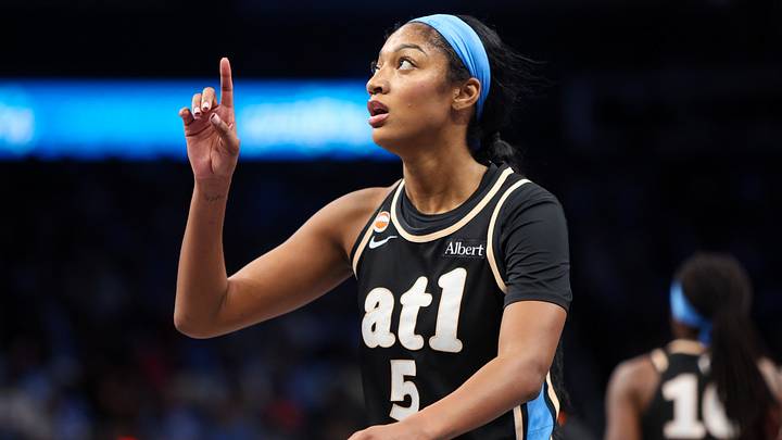 Sep 27, 2026; Atlanta, Georgia, USA; Atlanta Dream forward Angel Reese (5) reacts to a call against the Washington Mystics in the first quarter during game one of the first round for the 2026 WNBA Playoffs at State Farm Arena. Mandatory Credit: Brett Davis-Imagn Images