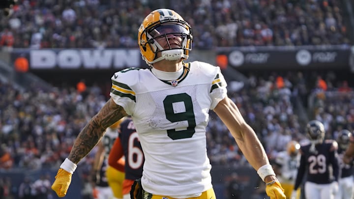 Nov 17, 2024; Chicago, Illinois, USA; Green Bay Packers wide receiver Christian Watson (9) celebrates a catch against the Chicago Bears during the second half at Soldier Field. Nov 17, 2024; Chicago, Illinois, USA; Green Bay Packers wide receiver Christian Watson (9) celebrates a catch against the Chicago Bears during the second half at Soldier Field.