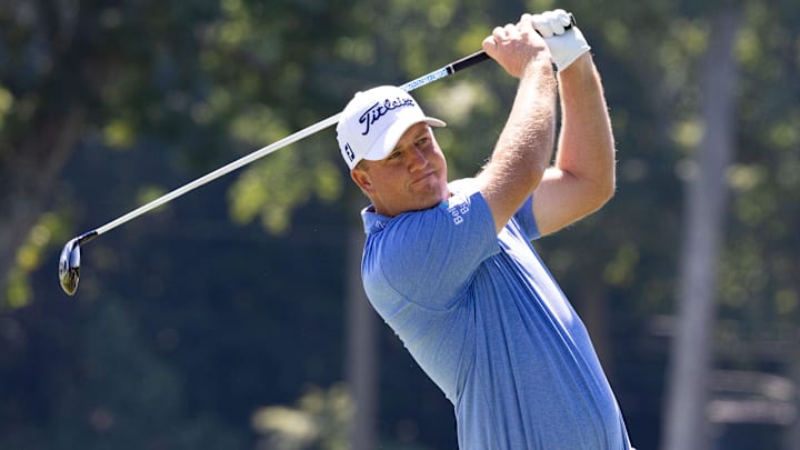 Aug 18, 2022; Wilmington, Delaware, USA; Tom Hoge plays his shot from the third tee during the first