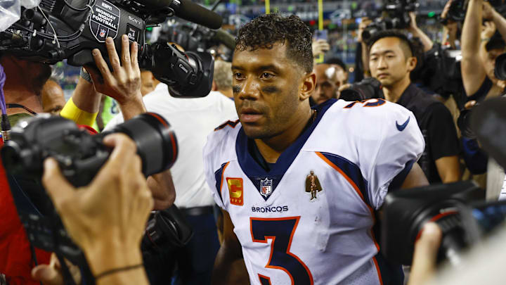 Sep 12, 2022; Seattle, Washington, USA; Denver Broncos quarterback Russell Wilson (3) walks off the field following a 17-16 loss against the Seattle Seahawks at Lumen Field. Mandatory Credit: Joe Nicholson-Imagn Images