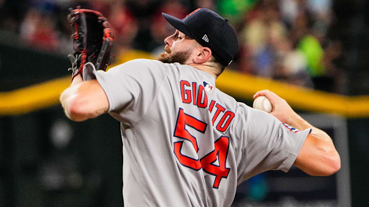 Sep 6, 2025; Phoenix, Arizona, USA; Boston Red Sox pitcher Lucas Giolito (54) pitches during the third inning between the Arizona Diamondbacks and the Boston Red Sox at Chase Field. Mandatory Credit: Arianna Grainey-Imagn Images