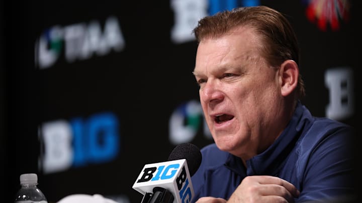 Mar 17, 2024; Minneapolis, MN, USA; llinois Fighting Illini head coach Brad Underwood talks with media after defeating Wisconsin Badgers at Target Center. Mandatory Credit: Matt Krohn-Imagn Images Mar 17, 2024; Minneapolis, MN, USA; llinois Fighting Illini head coach Brad Underwood talks with media after defeating Wisconsin Badgers at Target Center. Mandatory Credit: Matt Krohn-Imagn Images
