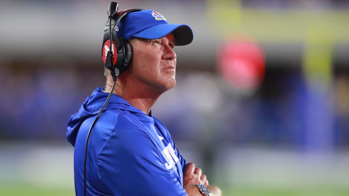 Kansas Jayhawks head coach Lance Leipold watches the scoreboard during the game between Fresno State and Kansas at David Booth Kansas Memorial Stadium on Aug. 23, 2025.