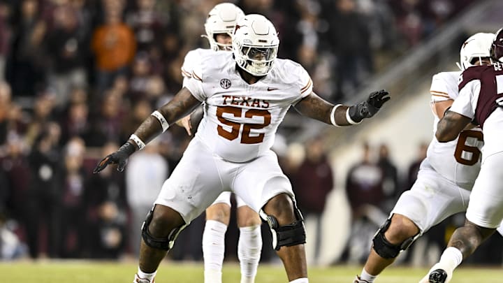 Texas Longhorns offensive lineman DJ Campbell blocks during the second half. Texas Longhorns offensive lineman DJ Campbell blocks during the second half.