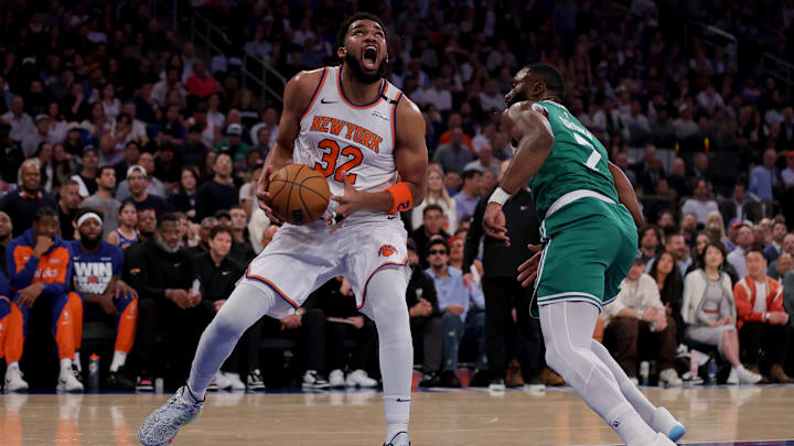 May 16, 2025; New York, New York, USA; New York Knicks center Karl-Anthony Towns (32) drives to the basket against Boston Celtics guard Jaylen Brown (7) during the first quarter of game six in the second round of the 2025 NBA Playoffs at Madison Square Garden. Mandatory Credit: Brad Penner-Imagn Images May 16, 2025; New York, New York, USA; New York Knicks center Karl-Anthony Towns (32) drives to the basket against Boston Celtics guard Jaylen Brown (7) during the first quarter of game six in the second round of the 2025 NBA Playoffs at Madison Square Garden. Mandatory Credit: Brad Penner-Imagn Images