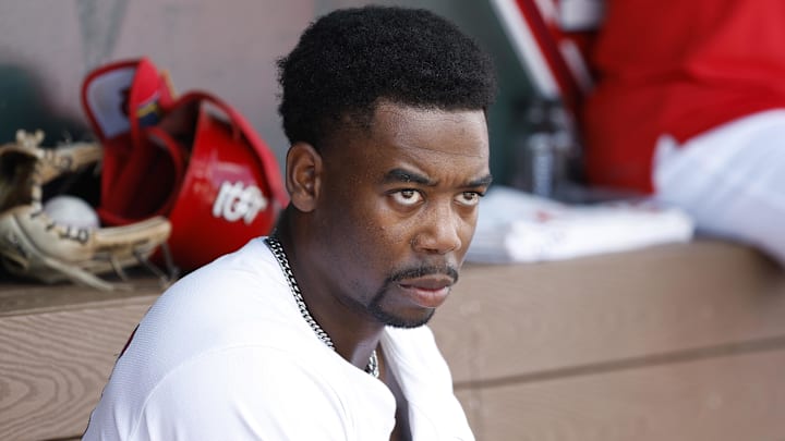 Mar 21, 2024; Jupiter, Florida, USA; St. Louis Cardinals right fielder Jordan Walker (18) sits in