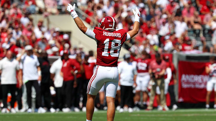 Sep 13, 2025; Tuscaloosa, Alabama, USA; Alabama Crimson Tide defensive back Bray Hubbard (18) entertains the crowd during the second quarter against the Wisconsin Badgers at Saban Field at Bryant-Denny Stadium. Mandatory Credit: David Leong-Imagn Images Sep 13, 2025; Tuscaloosa, Alabama, USA; Alabama Crimson Tide defensive back Bray Hubbard (18) entertains the crowd during the second quarter against the Wisconsin Badgers at Saban Field at Bryant-Denny Stadium. Mandatory Credit: David Leong-Imagn Images