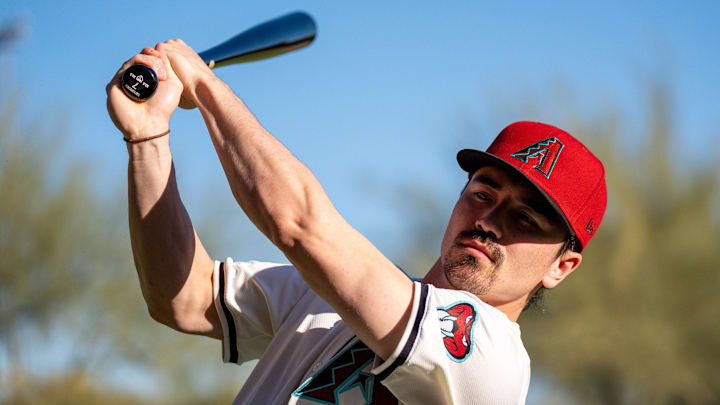 Feb 21, 2024; Scottsdale, AZ, USA; Arizona Diamondbacks outfielder Corbin Carroll (7) poses for a