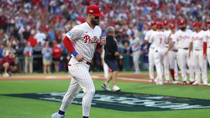 Oct 4, 2025; Philadelphia, Pennsylvania, USA; Philadelphia Phillies first baseman Bryce Harper (3) is introduced before game one against the Los Angeles Dodgers in the NLDS round for the 2025 MLB playoffs at Citizens Bank Park. Mandatory Credit: Bill Streicher-Imagn Images Oct 4, 2025; Philadelphia, Pennsylvania, USA; Philadelphia Phillies first baseman Bryce Harper (3) is introduced before game one against the Los Angeles Dodgers in the NLDS round for the 2025 MLB playoffs at Citizens Bank Park. Mandatory Credit: Bill Streicher-Imagn Images