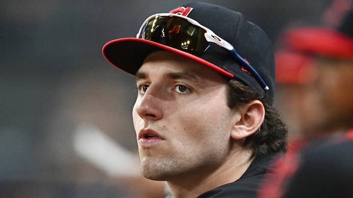 Aug 19, 2026: Cleveland Guardians right fielder Chase DeLauter (24) watches from the dugout during the ninth inning against the San Francisco Giants at Progressive Field. Credit: Ken Blaze-Imagn Images