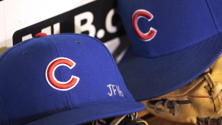 Sep 26, 2016; Pittsburgh, PA, USA; A detail view of a tribute to Miami Marlin pitcher Jose Fernandez on the hat worn by Chicago Cubs center fielder Albert Almora Jr. (not pictured) against the Pittsburgh Pirates at PNC Park. Mandatory Credit: Charles LeClaire-Imagn Images Sep 26, 2016; Pittsburgh, PA, USA; A detail view of a tribute to Miami Marlin pitcher Jose Fernandez on the hat worn by Chicago Cubs center fielder Albert Almora Jr. (not pictured) against the Pittsburgh Pirates at PNC Park. Mandatory Credit: Charles LeClaire-Imagn Images