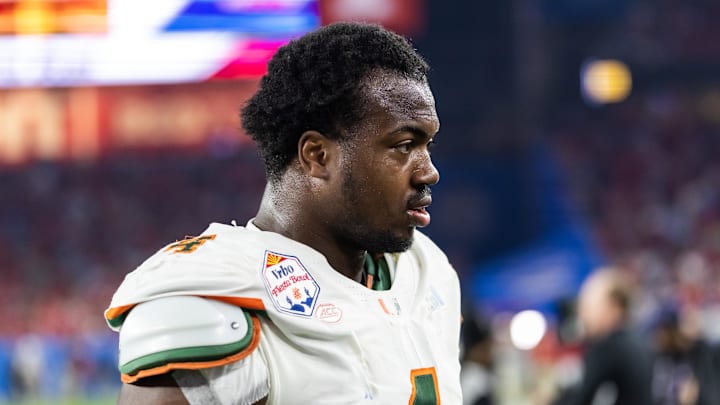 Jan 8, 2026; Glendale, AZ, USA; Miami Hurricanes defensive lineman Rueben Bain Jr. (4) against the Mississippi Rebels during the 2026 Fiesta Bowl and semifinal game of the College Football Playoff at State Farm Stadium. Mandatory Credit: Mark J. Rebilas-Imagn Images