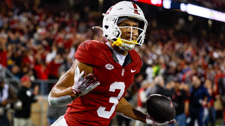 Nov 22, 2025; Stanford, California, USA; Stanford Cardinal wide receiver CJ Williams (3) celebrates after catching a touchdown pass during the fourth quarter against the California Golden Bears at Stanford Stadium. Mandatory Credit: Sergio Estrada-Imagn Images