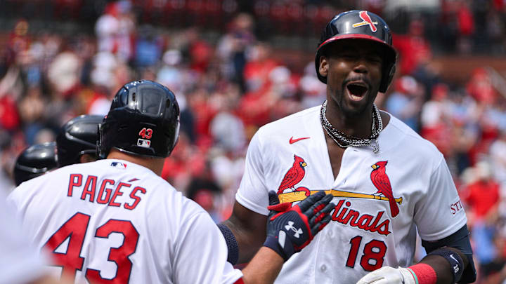 Mar 29, 2026; St. Louis, Missouri, USA; St. Louis Cardinals right fielder Jordan Walker (18) reacts after hitting a two run home run against the Tampa Bay Rays during the fourth inning at Busch Stadium. Mandatory Credit: Jeff Curry-Imagn Images