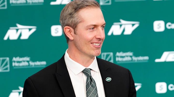Darren Mougey is shown during a press conference where he was introduced as the new general manager of the New York Jets, at the Atlantic Health Jets Training Center, Monday, January 27, 2025, in Florham Park.