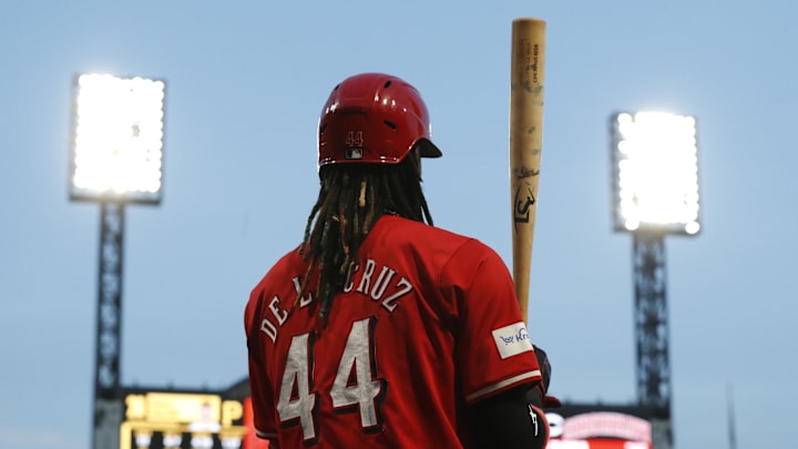 Aug 23, 2024; Pittsburgh, Pennsylvania, USA;  Cincinnati Reds shortstop Elly De La Cruz (44) looks on from the on-deck circle against the Pittsburgh Pirates during the fifth inning at PNC Park. Mandatory Credit: Charles LeClaire-Imagn Images