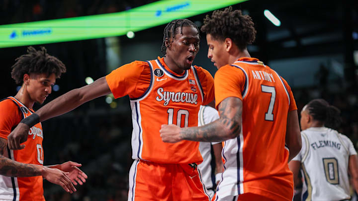 Jan 6, 2026; Atlanta, Georgia, USA; Syracuse Orange forward Ibrahim Souare (10) reacts with guard Kiyan Anthony (7) after a play against the Georgia Tech Yellow Jackets in the first half at McCamish Pavilion. Mandatory Credit: Brett Davis-Imagn Images
Jan 6, 2026; Atlanta, Georgia, USA; Syracuse Orange forward Ibrahim Souare (10) reacts with guard Kiyan Anthony (7) after a play against the Georgia Tech Yellow Jackets in the first half at McCamish Pavilion. Mandatory Credit: Brett Davis-Imagn Images