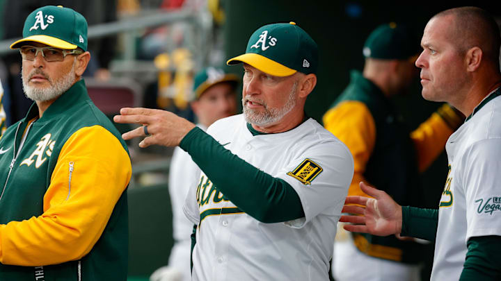 Mar 31, 2025; West Sacramento, California, USA; Athletics manager Mark Kotsay before the game against the Chicago Cubs at Sutter Health Park. Mandatory Credit: Sergio Estrada-Imagn Images Mar 31, 2025; West Sacramento, California, USA; Athletics manager Mark Kotsay before the game against the Chicago Cubs at Sutter Health Park. Mandatory Credit: Sergio Estrada-Imagn Images