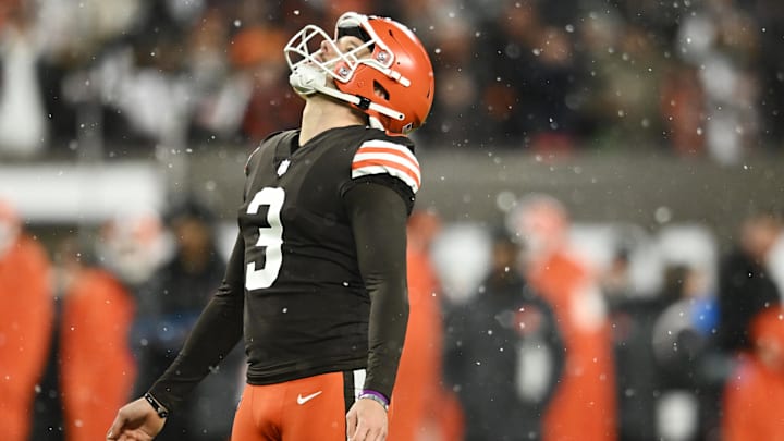 Dec 17, 2022; Cleveland, Ohio, USA; Cleveland Browns place kicker Cade York (3) reacts after missing a field goal during the second half against the Baltimore Ravens at FirstEnergy Stadium. Mandatory Credit: Ken Blaze-Imagn Images