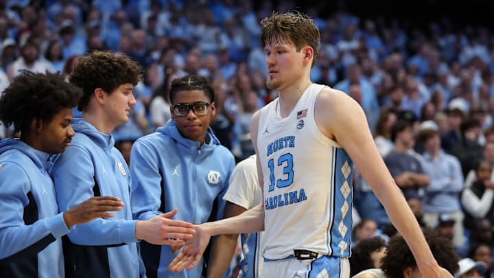 Jan 10, 2026; Chapel Hill, North Carolina, USA; North Carolina Tar Heels center Henri Veesaar (13) subs out against the Wake Forest Demon Deacons during the second half at Dean E. Smith Center. Mandatory Credit: Cory Knowlton-Imagn Images