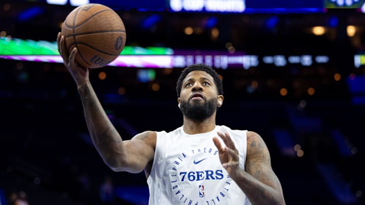 Nov 12, 2024; Philadelphia, Pennsylvania, USA; Philadelphia 76ers forward Paul George before action against the New York Knicks at Wells Fargo Center. Mandatory Credit: Bill Streicher-Imagn Images