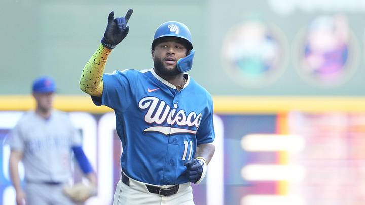 Jun 27, 2026; Milwaukee, Wisconsin, USA; Milwaukee Brewers outfielder Jackson Chourio (11) rounds the base after hitting a home run against the Chicago Cubs in the first inning at American Family Field. Mandatory Credit: Michael McLoone-Imagn Images
