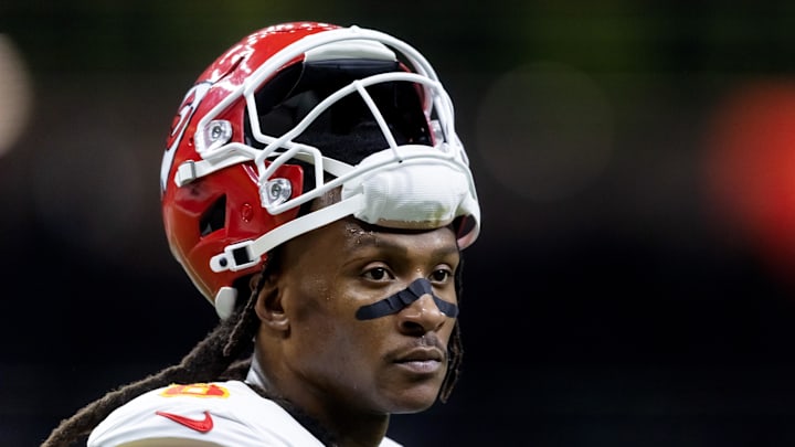 Feb 9, 2025; New Orleans, LA, USA;  Kansas City Chiefs wide receiver DeAndre Hopkins (8) against the Philadelphia Eagles in Super Bowl LIX at Ceasars Superdome. Mandatory Credit: Mark J. Rebilas-Imagn Images