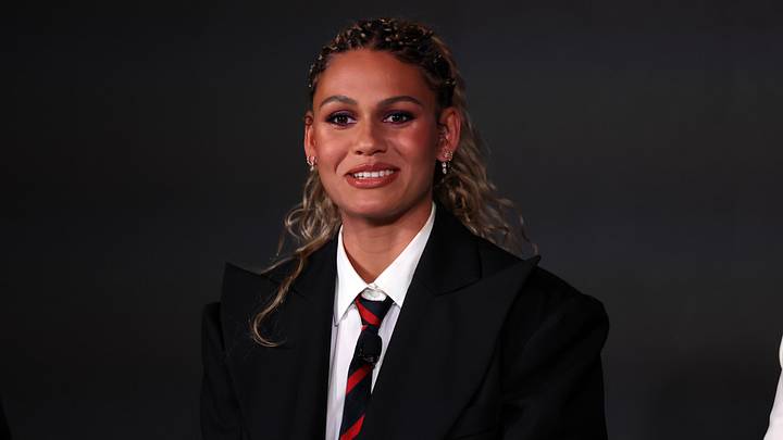 Jan 22, 2026; Los Angeles, California, USA;  Trinity Rodman of the Washington Spirit speaks to media during a press conference at BMO Stadium. 