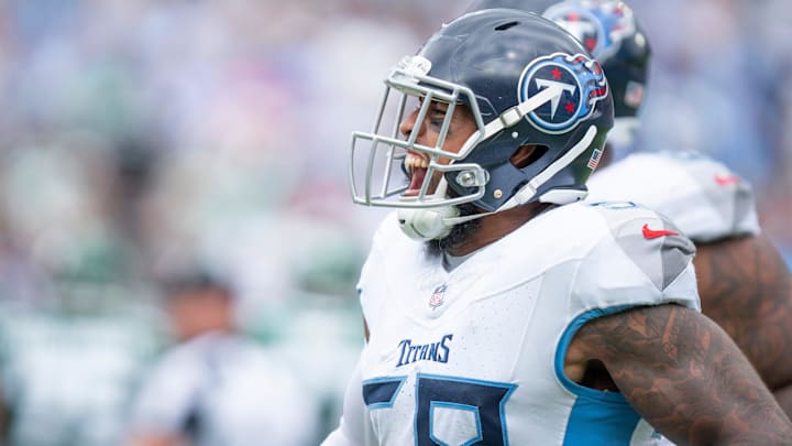Tennessee Titans linebacker Harold Landry III (58) celebrates an New York Jets quarterback Aaron Rodgers (8) sack during their game at Nissan Stadium in Nashville, Tenn., Sunday, Sept. 15, 2024.