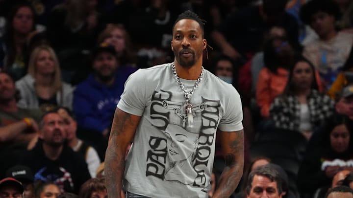 Apr 10, 2022; Denver, Colorado, USA; Los Angeles Lakers center Dwight Howard (39) during the second half against the Denver Nuggets at Ball Arena. Mandatory Credit: Ron Chenoy-Imagn Images